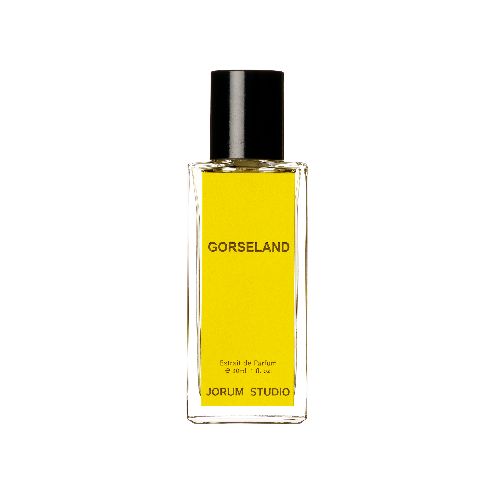 30ml bottle of Gorseland Extrait de Parfum by independent Scottish perfumers Jorum Studio, the bottle has a yellow label