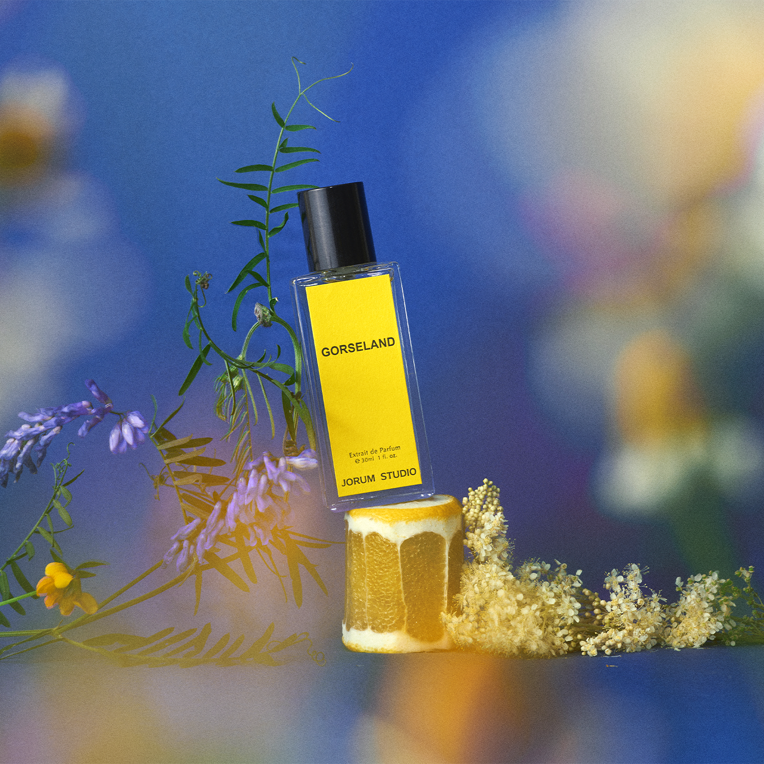 Jorum Studio Gorseland perfume bottle arranged in a still-life featuring a peeled lemon and wildflowers against a sky blue floral background