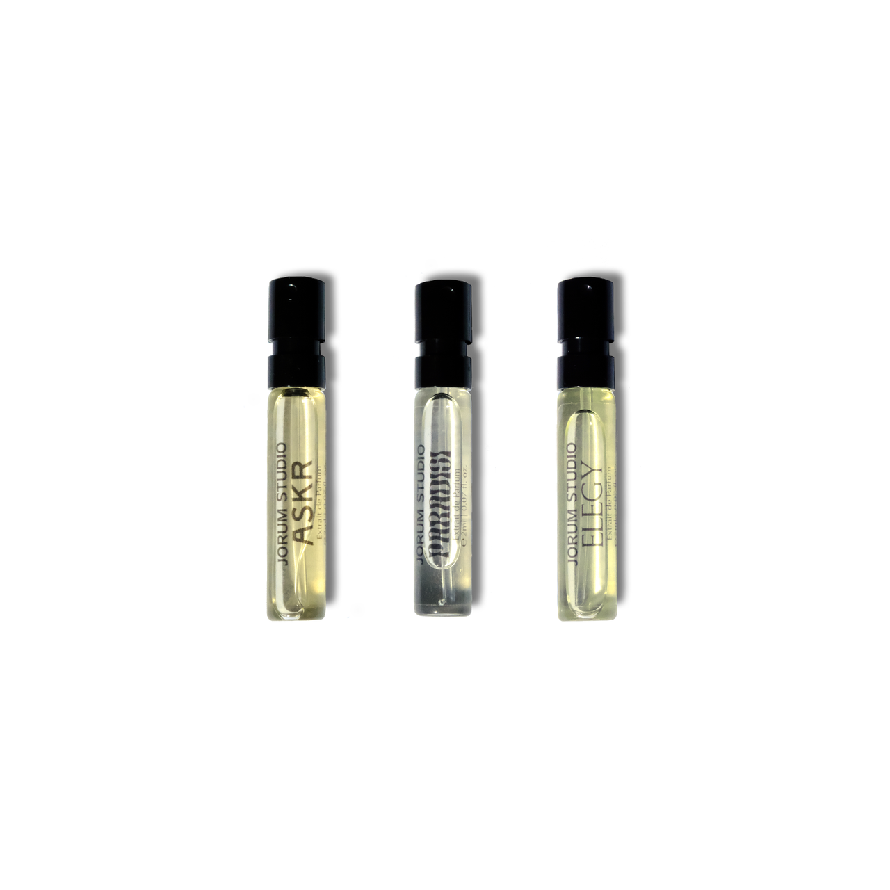 2ml sample vials of Askr, Paradisi and Elegy Extrait de Parfum by independent Scottish perfumers Jorum Studio