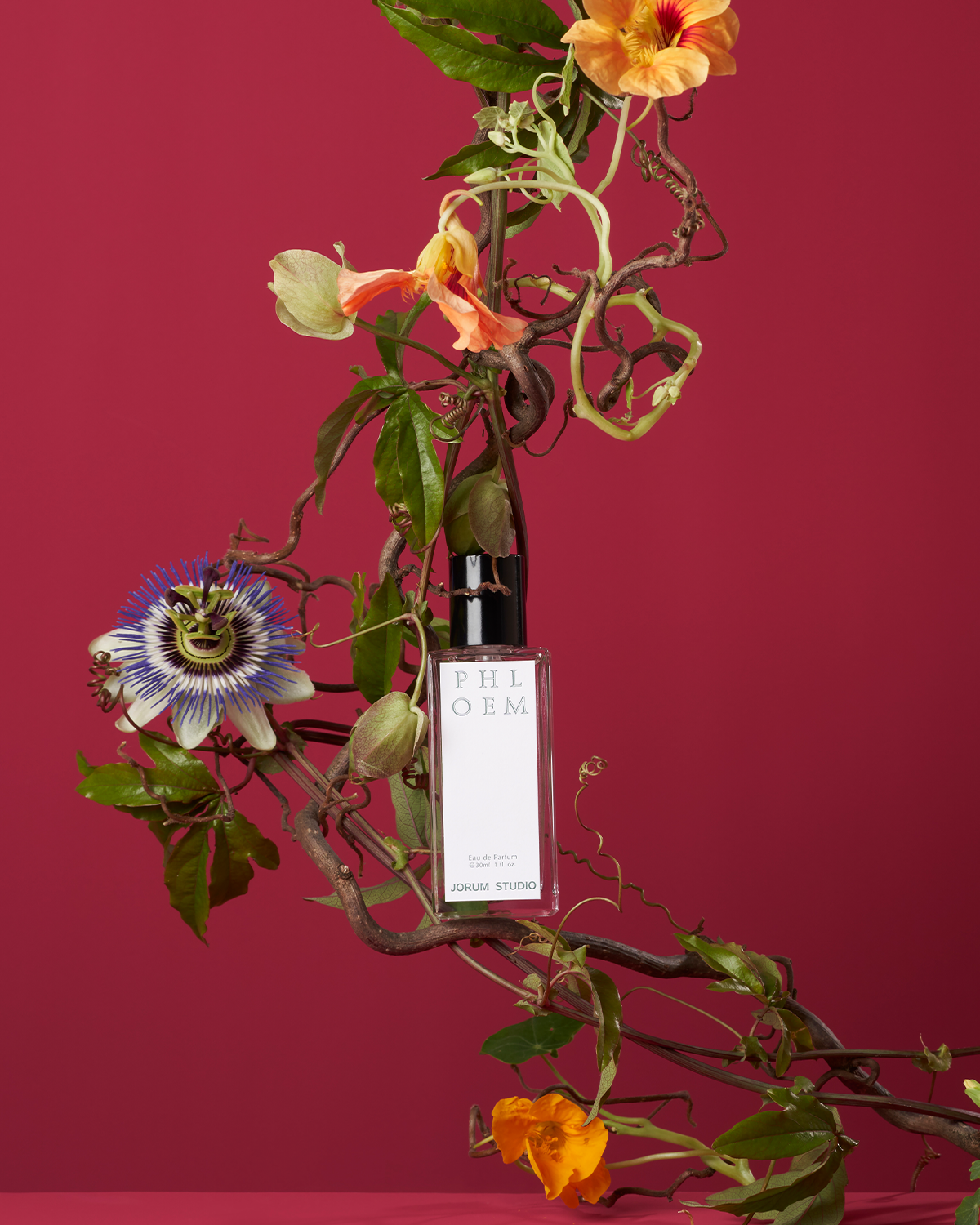 Jorum Studio Phloem perfume bottle arranged in a still-life featuring entangled vines with passionflowers and nasturtiums against a claret background