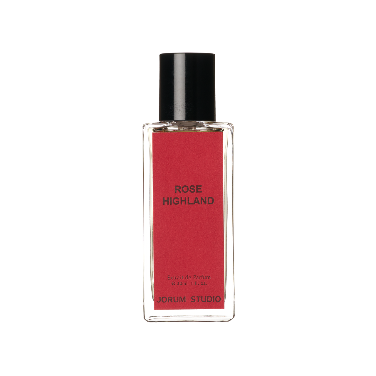 30ml bottle of Rose Highland Extrait de Parfum by independent Scottish perfumers Jorum Studio, with a deep red label