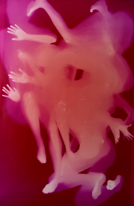 Abstract photograph and painting by Harley Weir and George Rouy of arms and legs entangled in shades of pink