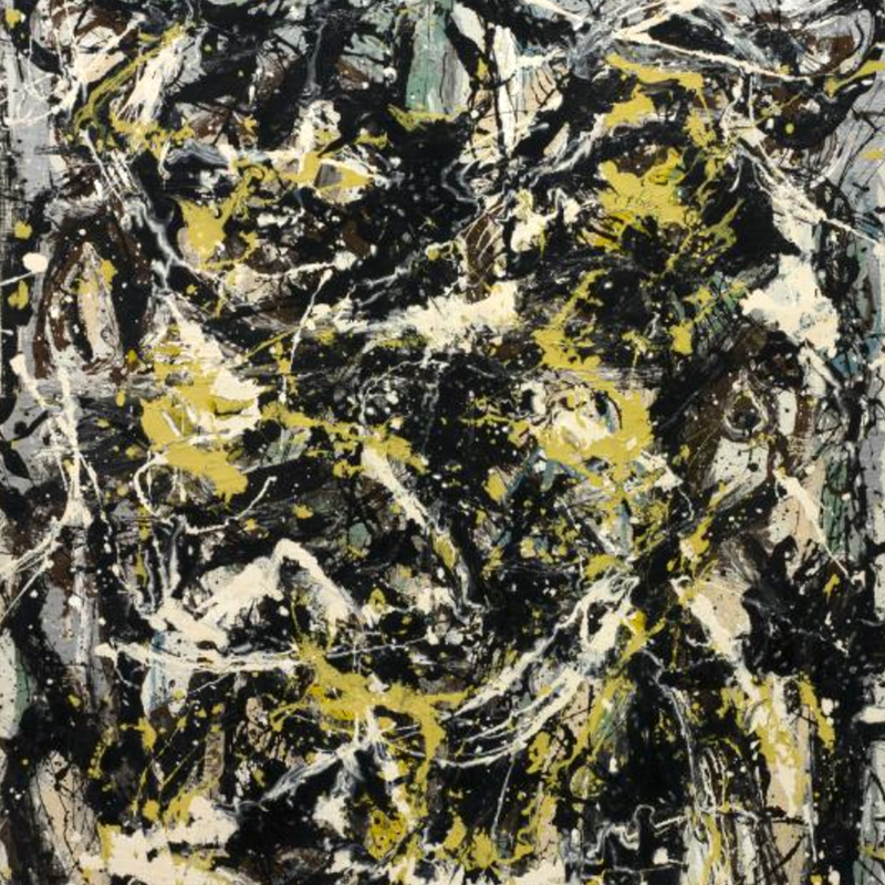 Kinetic painting by Jackson Pollock named "Number 5" with splashes of black, white, grey and chartreuse