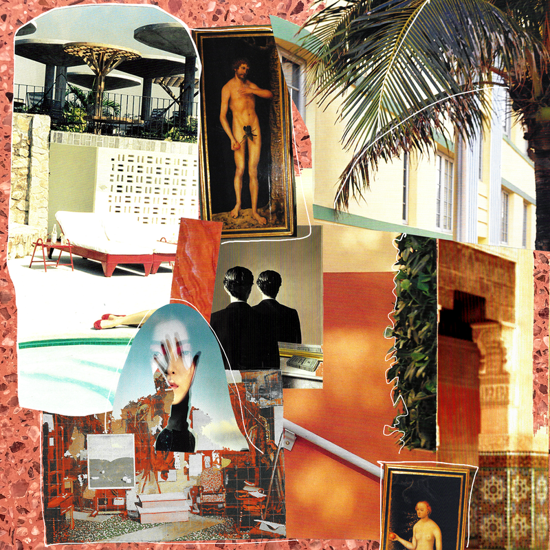 collage of images with warm vintage colour palette and tropical theme moodpboard for Pentimento eau de parfum