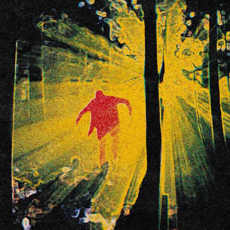 A glowing human figure with both arms raised in the middle of a forest clearing