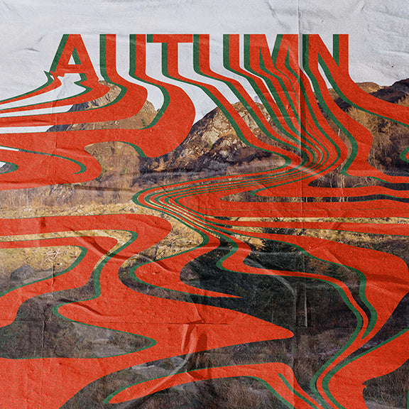 photograph of Scottish landscape overlaid with orange and green text reading 'Autumn'. Text is melting into landscape.