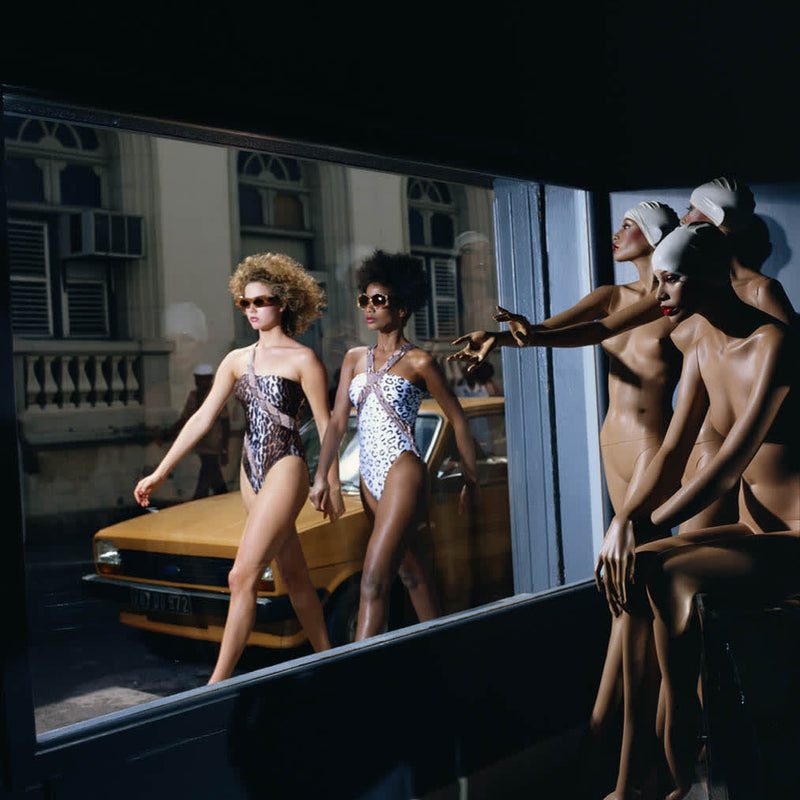 Jorum Studio Pentimento Visual Journey Guy Bourdin photograph of two models walking in front of shop mannequins