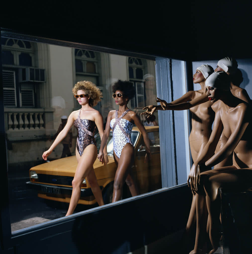 Jorum Studio Pentimento Visual Journey Guy Bourdin photograph of two models walking in front of shop mannequins