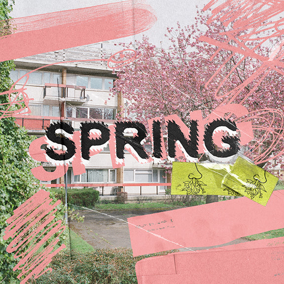 collage image of pink cherry blossom tree, brutalist flats with pink doodle graphics and the word SPRING