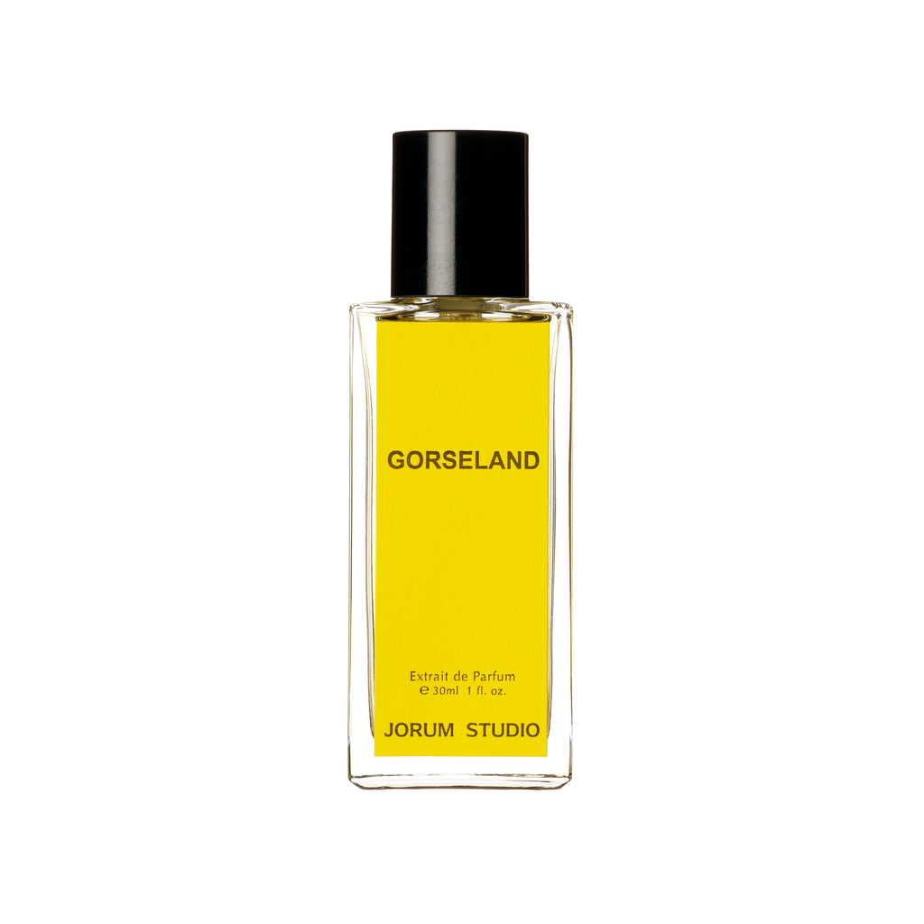 30ml bottle of Gorseland Extrait de Parfum by independent Scottish perfumers Jorum Studio, the bottle has a yellow label