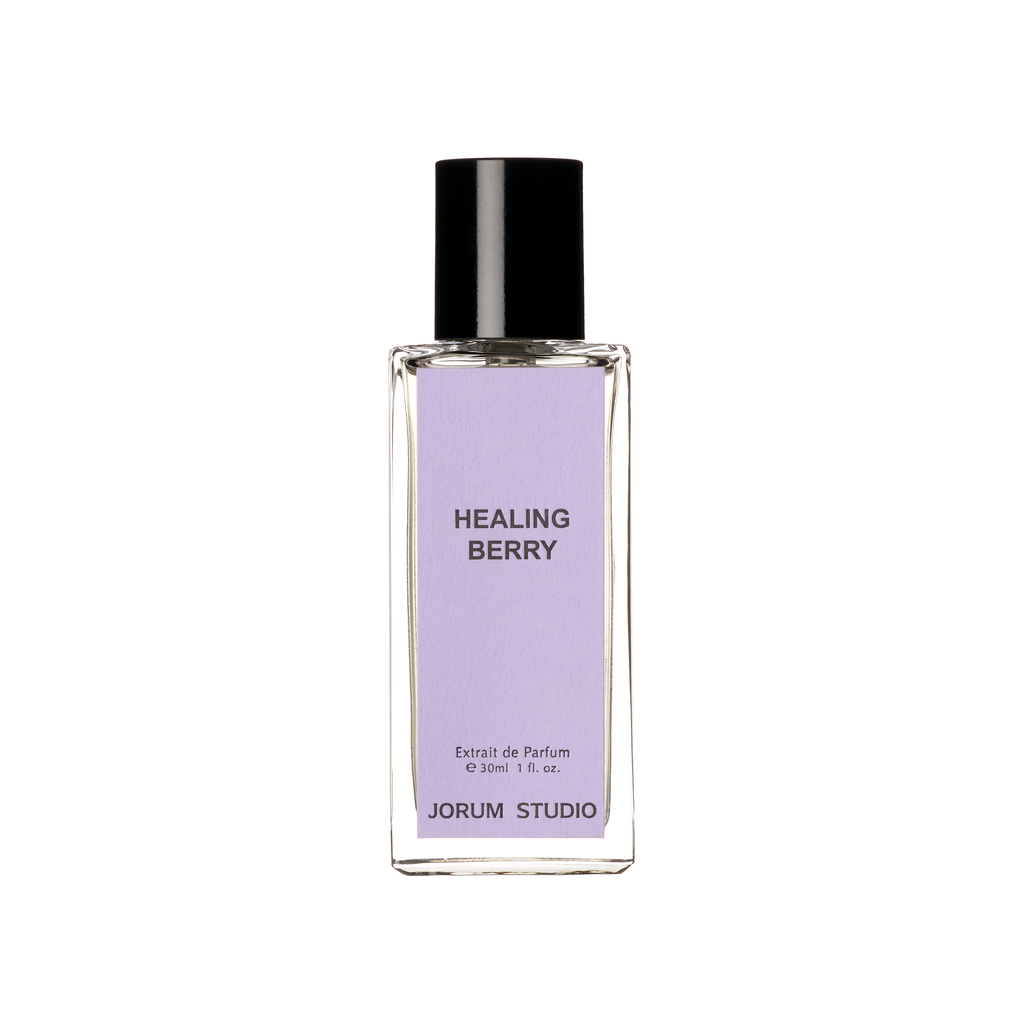 30ml bottle of Healing Berry Extrait de Parfum by independent Scottish perfumers Jorum Studio, the bottle has a lilac label